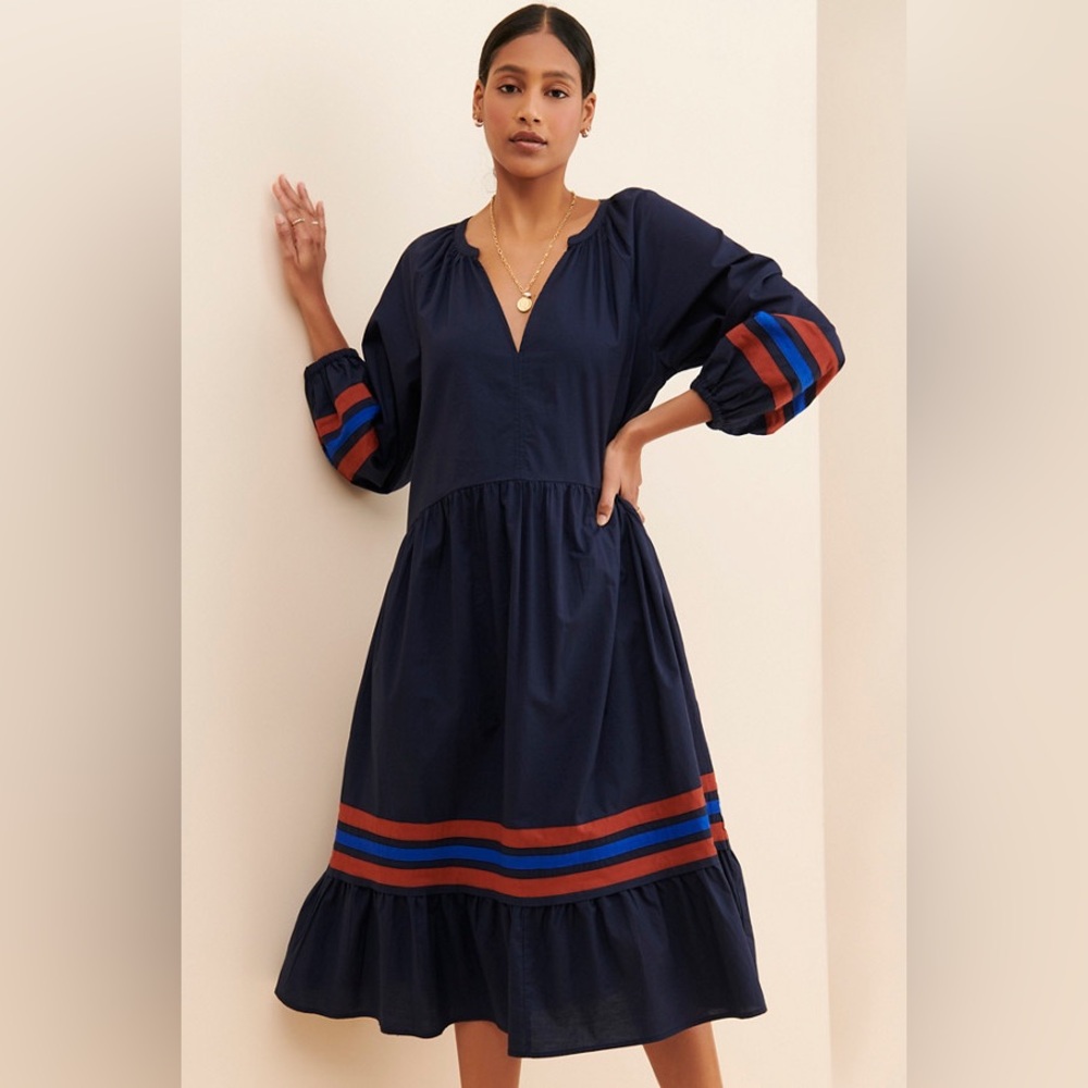 Anthropologie Sundry Varsity Stripe Poplin Midi Dress | Size 2 | 100% Cotton